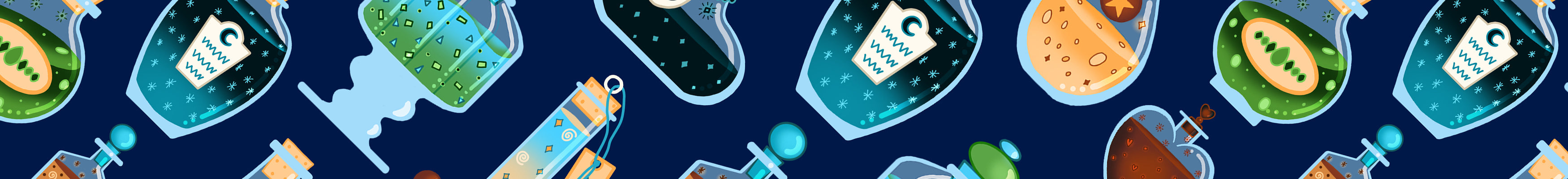Apothecary surface pattern is covered in potion bottle in shades of light blue, green, red, orange, and black on a deep blue background.