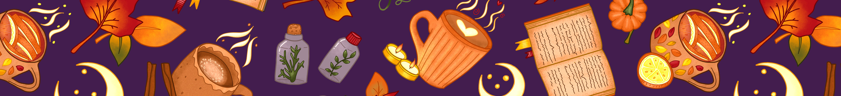 Autumn surface pattern contains images of pumpkins, bottles, leaves, hot drinks and books in shades of orange, yellow, reds, greens and browns on a deep purple background.