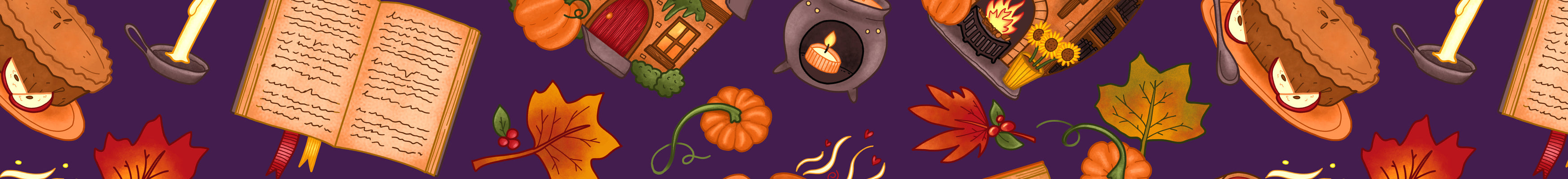 Autumn surface pattern contains images of pumpkins, bottles, leaves, hot drinks and books in shades of orange, yellow, reds, greens and browns on a deep purple background.