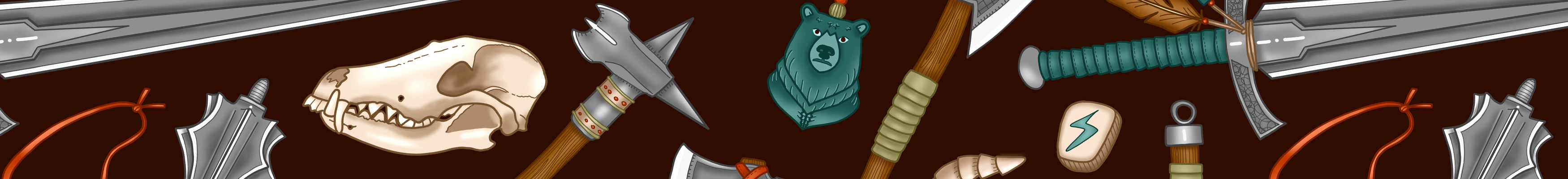 Barbarian surface pattern contains weapons, skulls, totems and rage marks in shades of teal, sage green, reds and browns on a dark red background.