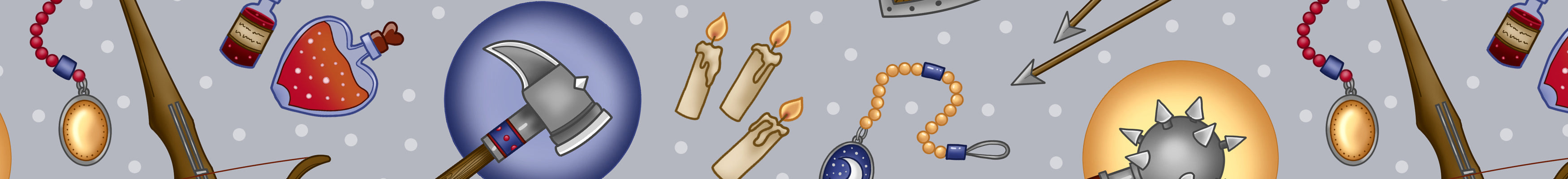 Cleric surface pattern with a mix of weapons, amulets, potions, tomes and holy symbols in shades of yellow, blue, red and brown on a light grey background.
