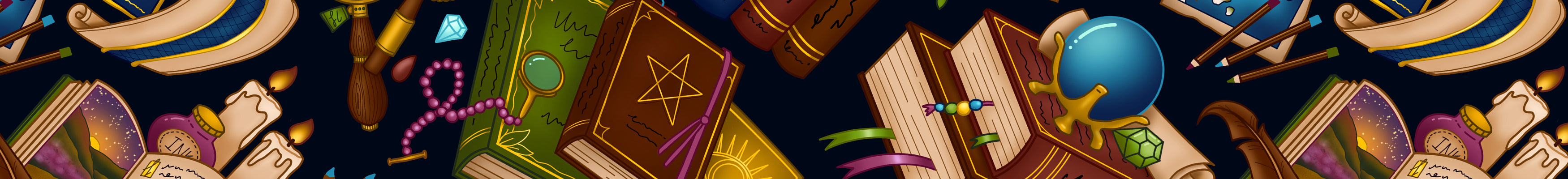 Fantasy library surface pattern filled with books, candles, pens, paint brushes, lamps and plants in shades of pink, brown, blue, green, red and yellow on a black background.