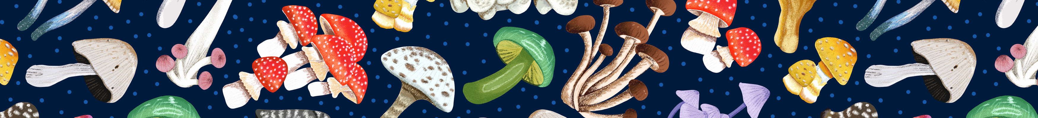 Mushroom Medley surface pattern covered in lots of freehand drawn mushrooms in a rainbow of colours on a dark blue background.