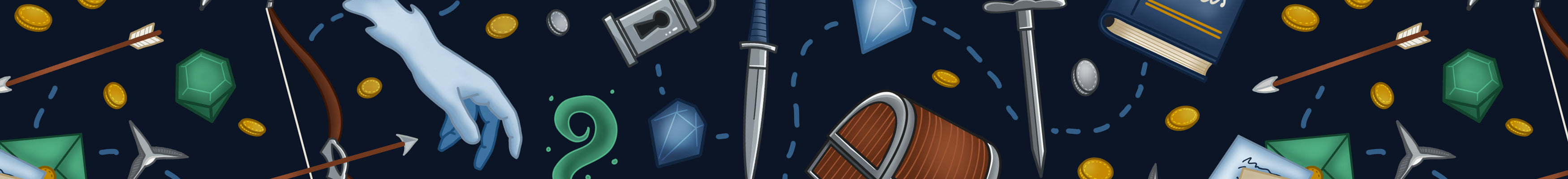 Rogue surface pattern close up filled with coins, mage hands, weapons, letter and gems in shades of green, gold, brown and blue on a dark blue background.