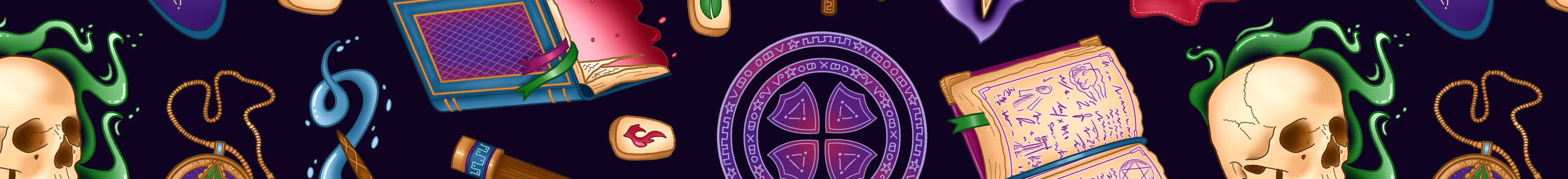 Wizard surface pattern close up feature a whole host of magical items and books in shades of purple, green, brown, blue and pink on a black background.