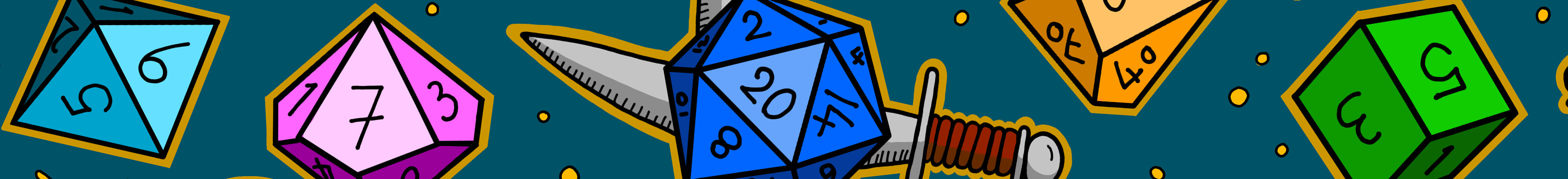 Adventurer's Life surface pattern features rainbow coloured dice, swords and axes on a dark teal background.