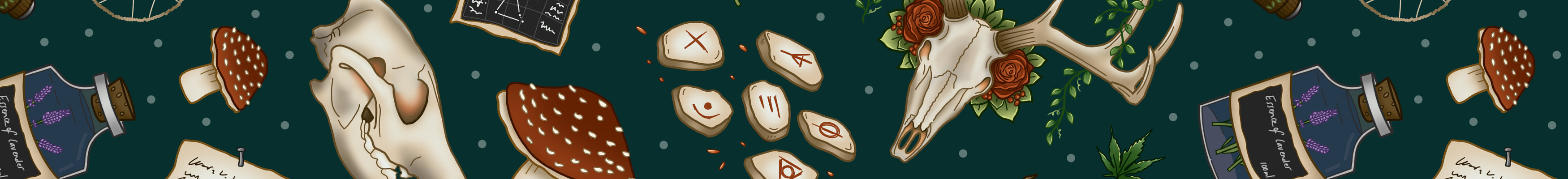 Druid surface pattern covered with mushrooms, potions, plants, runes, skulls, wildshape references and dream catchers in shades of blue, green, red, grey and brown on a dark green background.