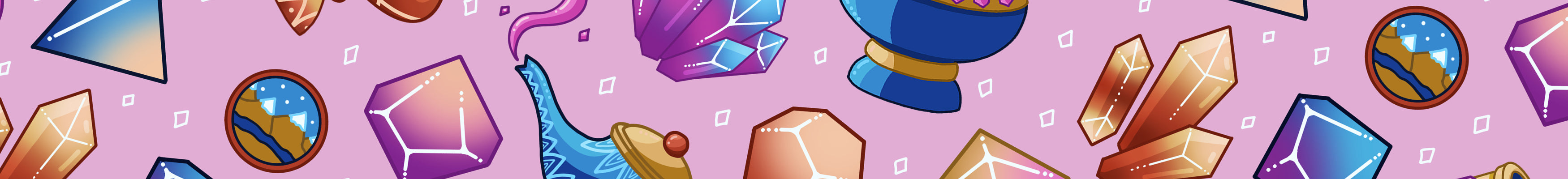 Genielock surface pattern with crystals, genie lamps, rings, cuffs, element tokens and crystal dice in shades of pinks, red, golds, purples and blues on a pink background.
