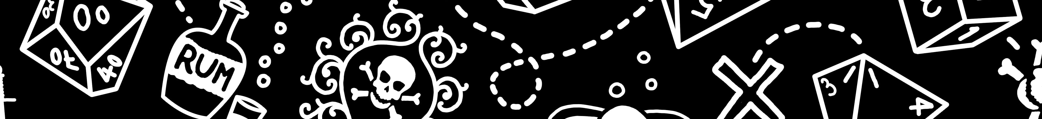 Gothic pirate surface pattern featuring white line drawings of rum bottles, dice, swords and treasure markers drawn like a treasure map on a black background.