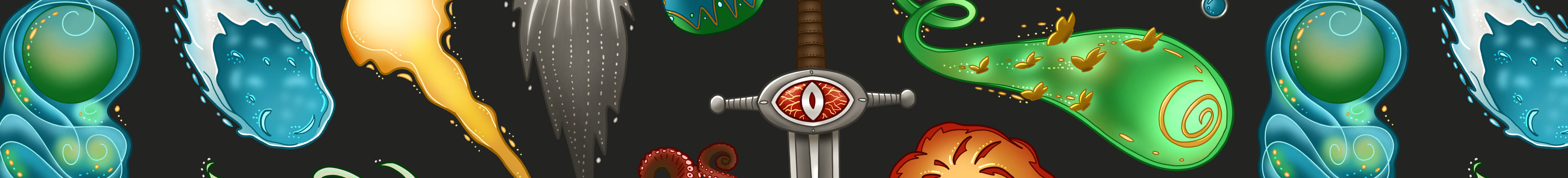 Warlock surface design close up featuring items such as hex blades, eldritch blasts, bottles, monsters and more in shades of blue, green, red, yellow and grey on a very dark grey background.