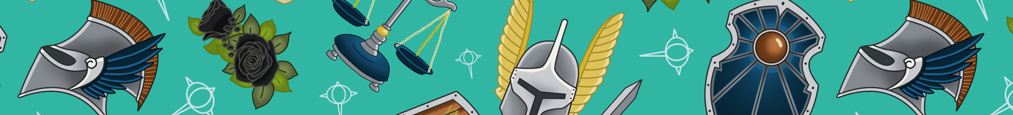 Paladin surface pattern filled with armour, swords, stained glass windows, scales, maps and flowers in shades of yellow, blues, greys, browns and greens on a blue green background.