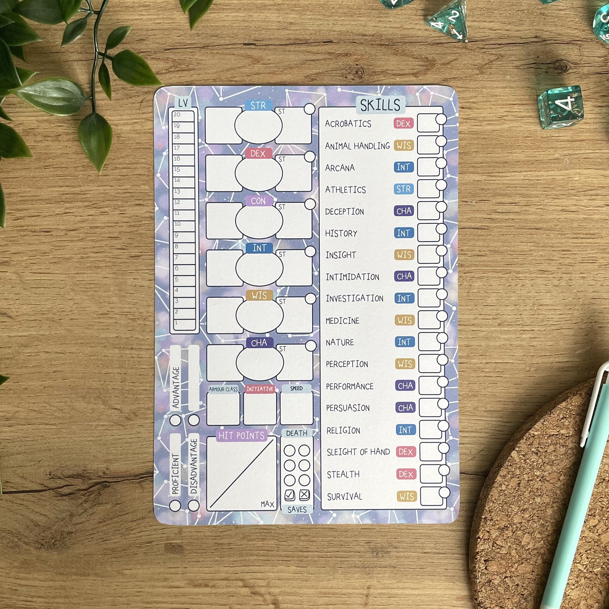 Starry Dice A5 D&D5e Skill Card set