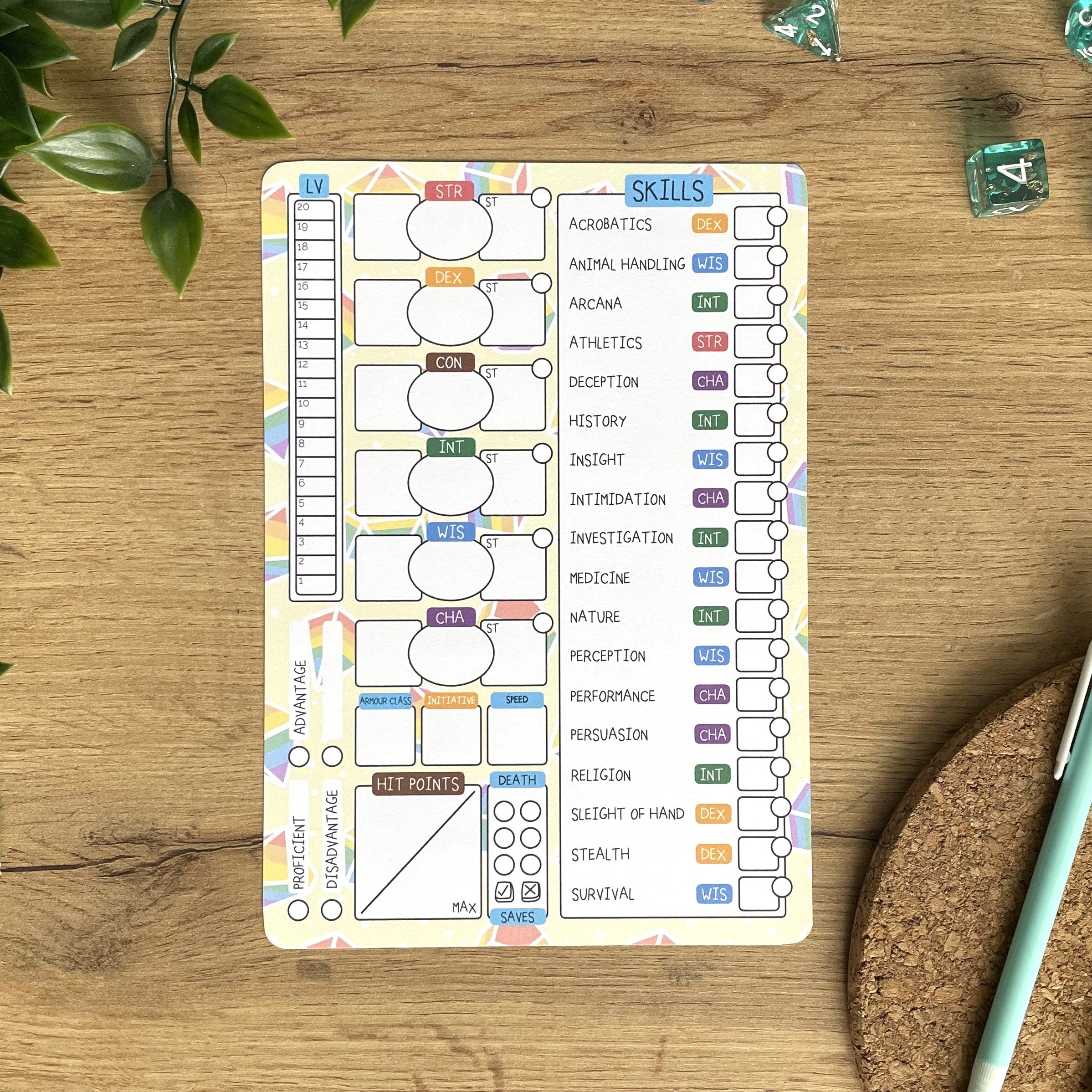 Rainbow Dice A5 D&D5e Skill Card set
