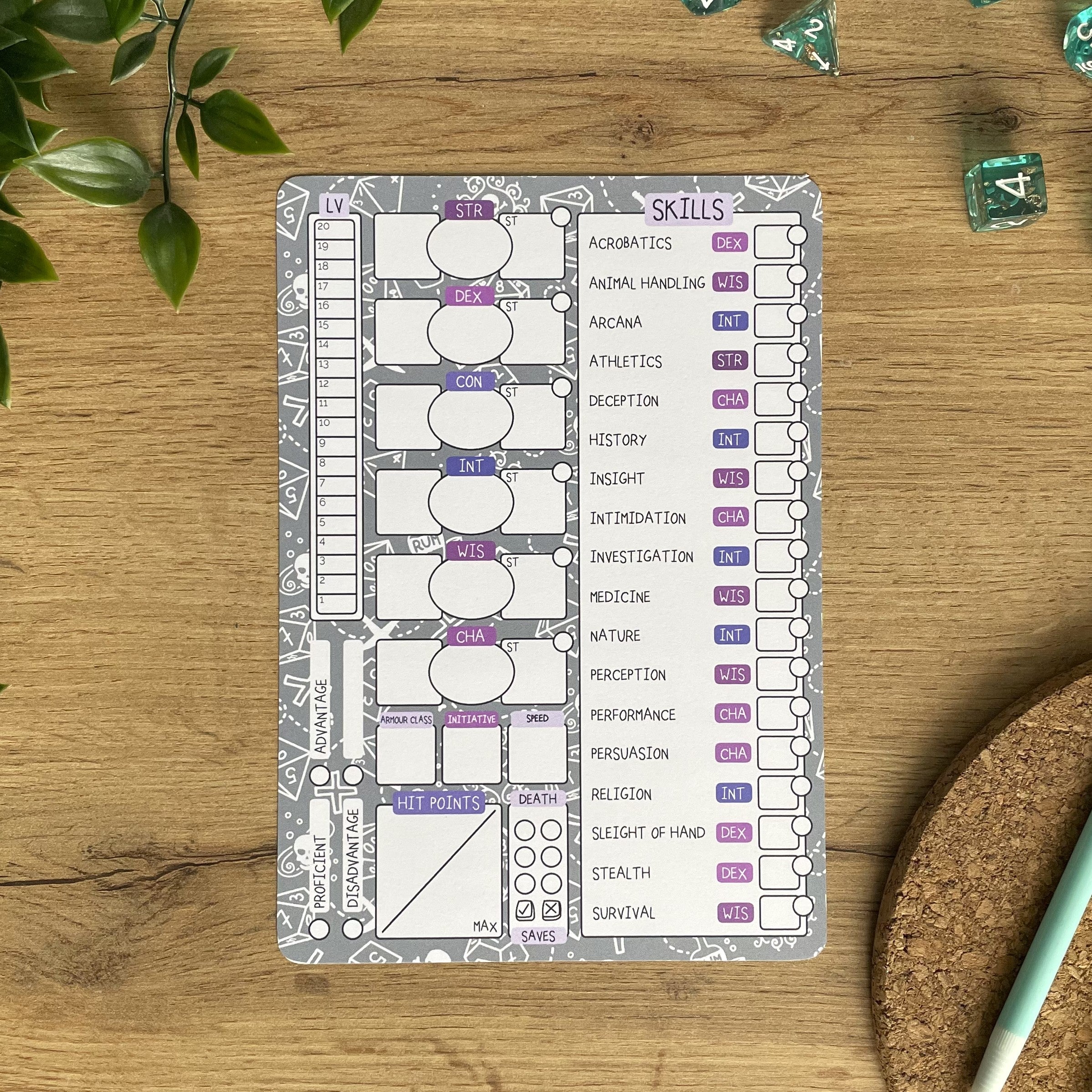 Gothic Pirate A5 D&D5e Skill Card set
