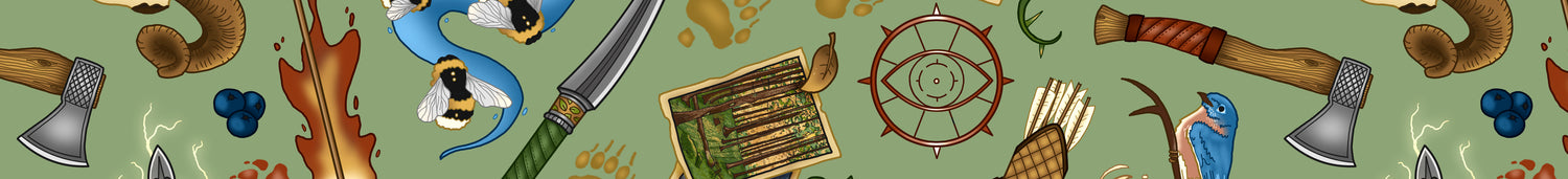 Ranger surface pattern with foraged items, ranger weapons, spelled arrows, nature and tracks in shades of red, brown, green, blue, and yellow on a light green background.