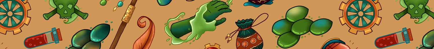 Sorcerer surface pattern close up, filled with items such as dragon scales, cogs, potions, magic staffs, ingredients pouches and elemental symbols in shades of green, blue, teal, orange and red on a tan background.