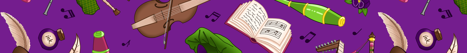 Bard surface pattern contains musical instruments, quills, hats, books and jugglers batons in shades of green, yellow, pink and brown on a purple background.