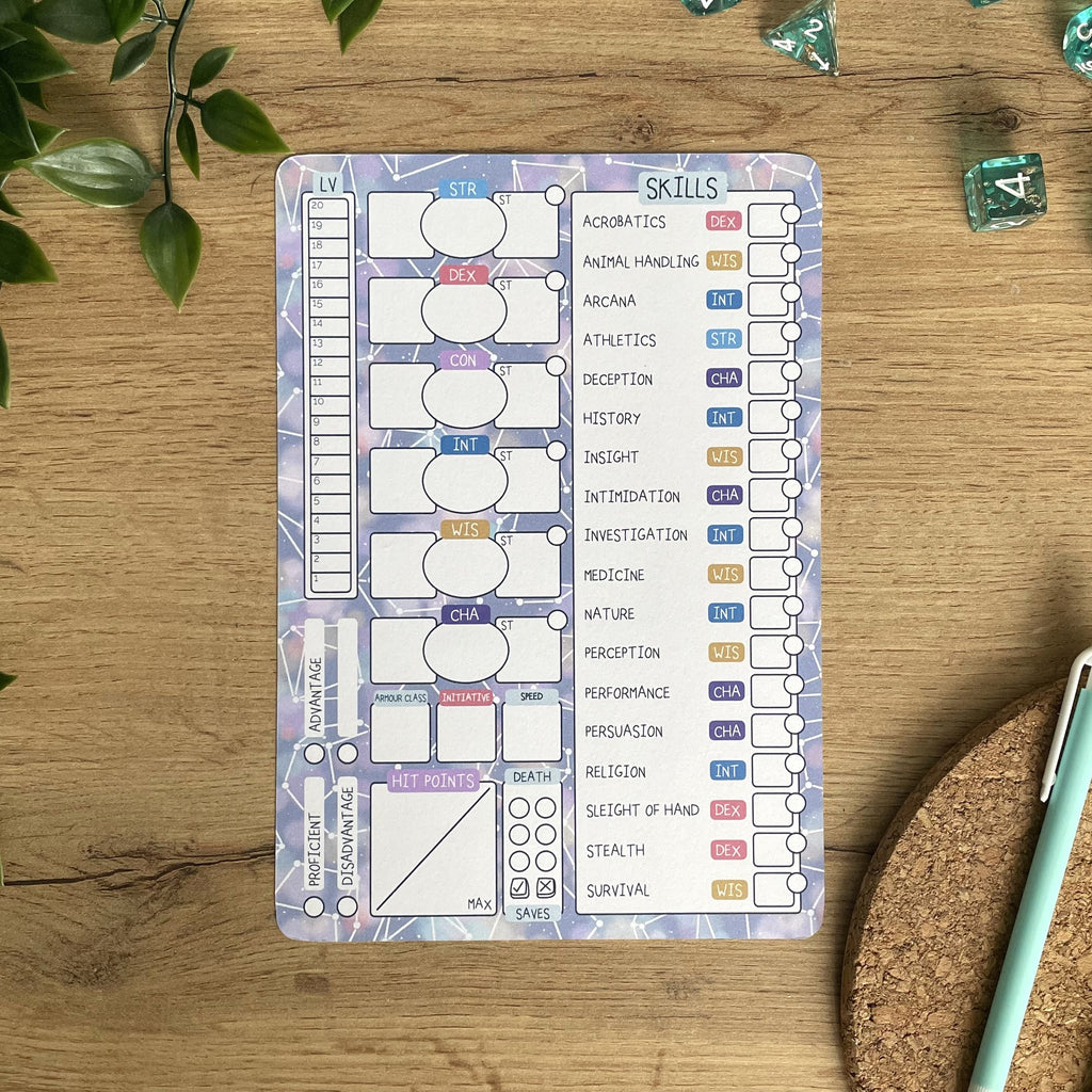 Starry Dice A5 D&D5e Skill Card set