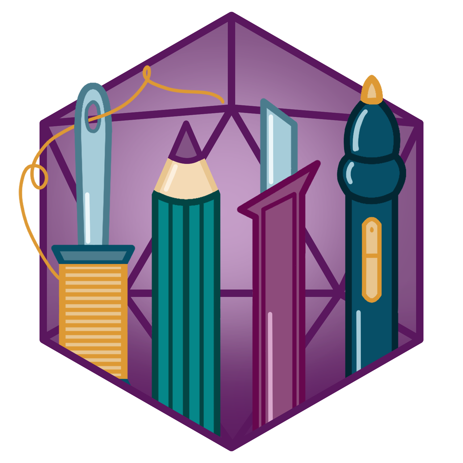 Hexagonal icon with stationery items including a pencil, pen, scissors, and glue stick on a purple background.