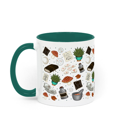 druid themed mug in green feature mushrooms, skulls, plants and runes in shades of greens and blues