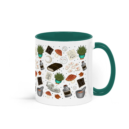 druid themed mug in green feature mushrooms, skulls, plants and runes in shades of greens and blues